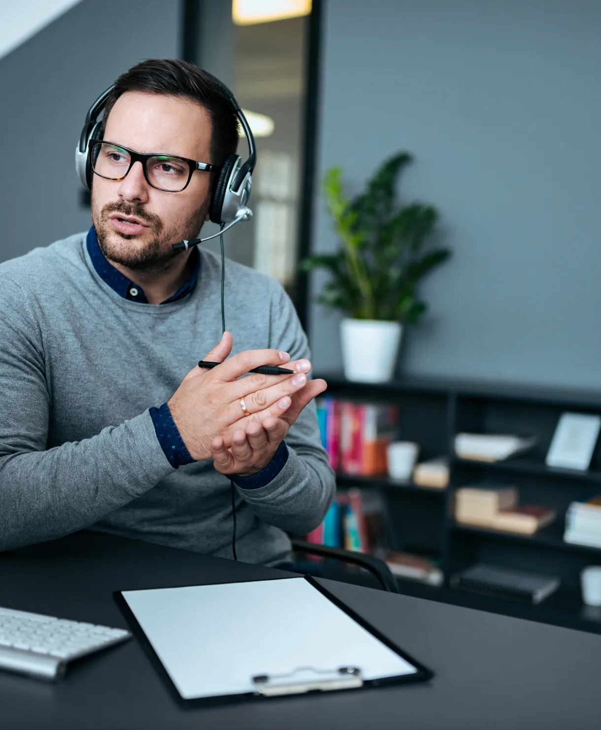 Worker using a headset